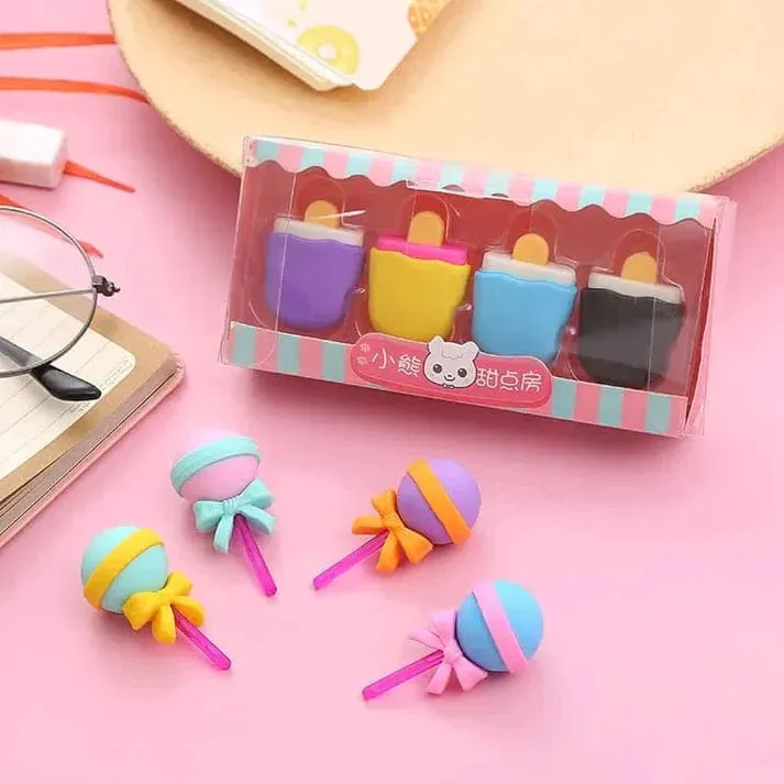 4 Pcs Sweet Candy Multicolor Eraser ( Random Design )
