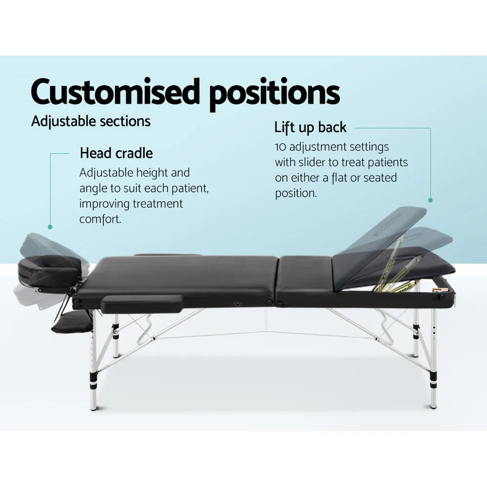 Adjustable 3-Fold Portable Massage Table, 75cm, Black - Zenses
