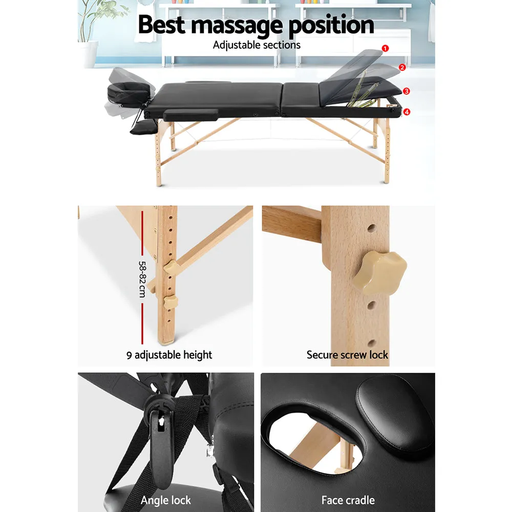 Adjustable Portable 3 Fold Wooden Massage Table 60cm Black Zenses