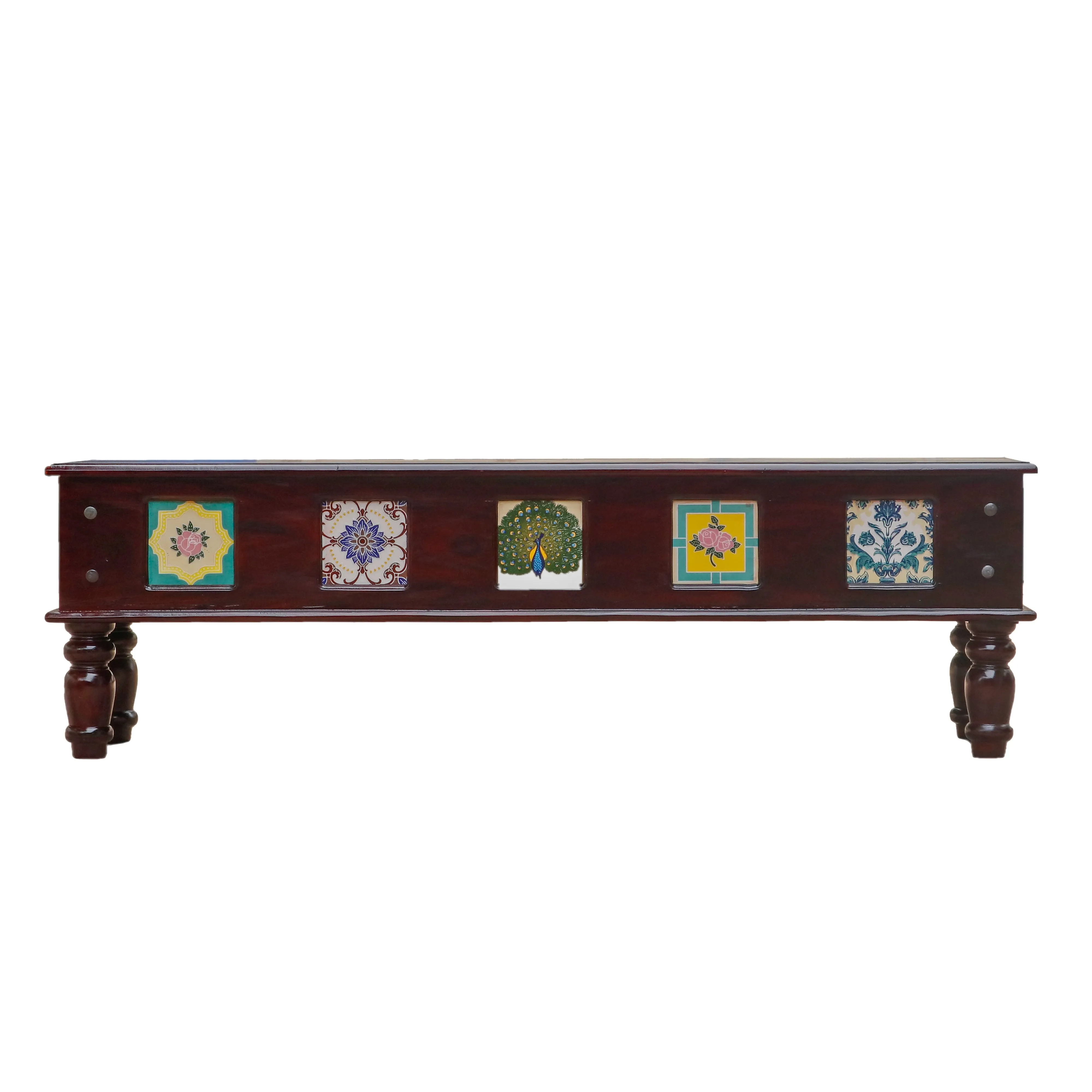 Aesthetic Round Leg Vintage Long Wooden Table with Tiles