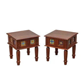 Aesthetic Round Leg Vintage Small Wooden Table with Tile (Set of 2)