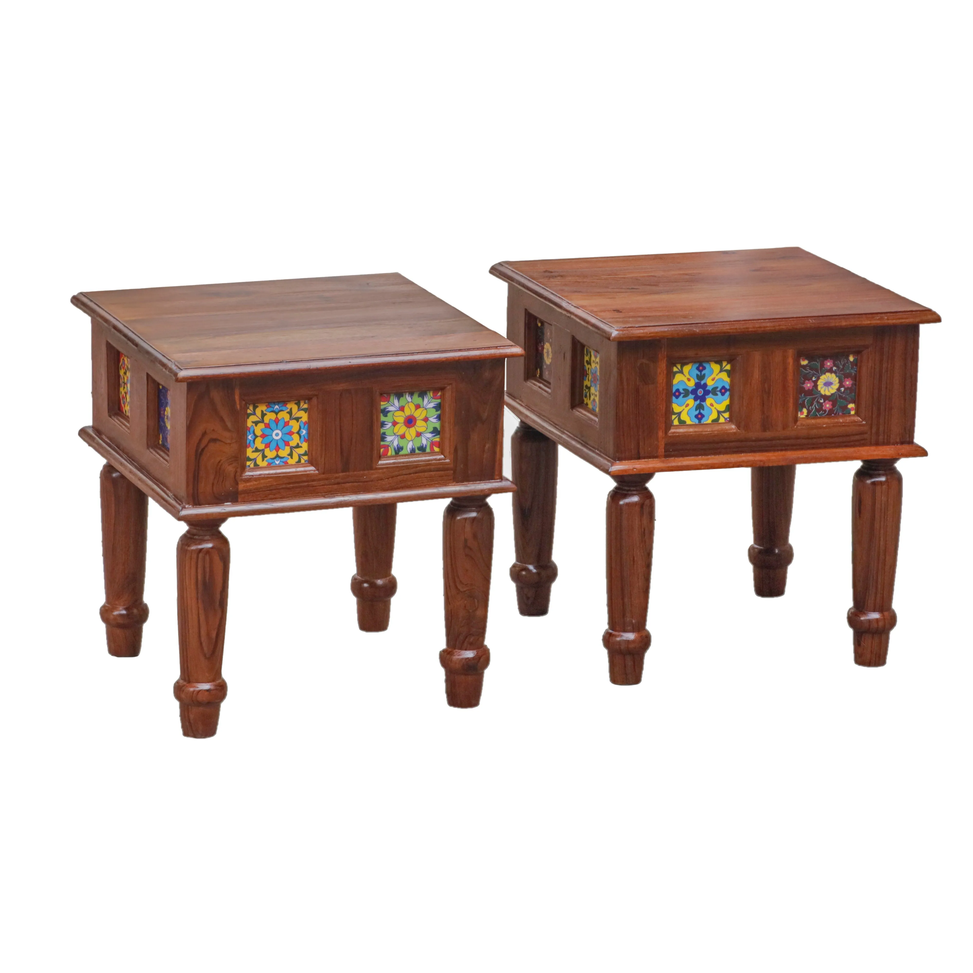 Aesthetic Round Leg Vintage Small Wooden Table with Tile (Set of 2)
