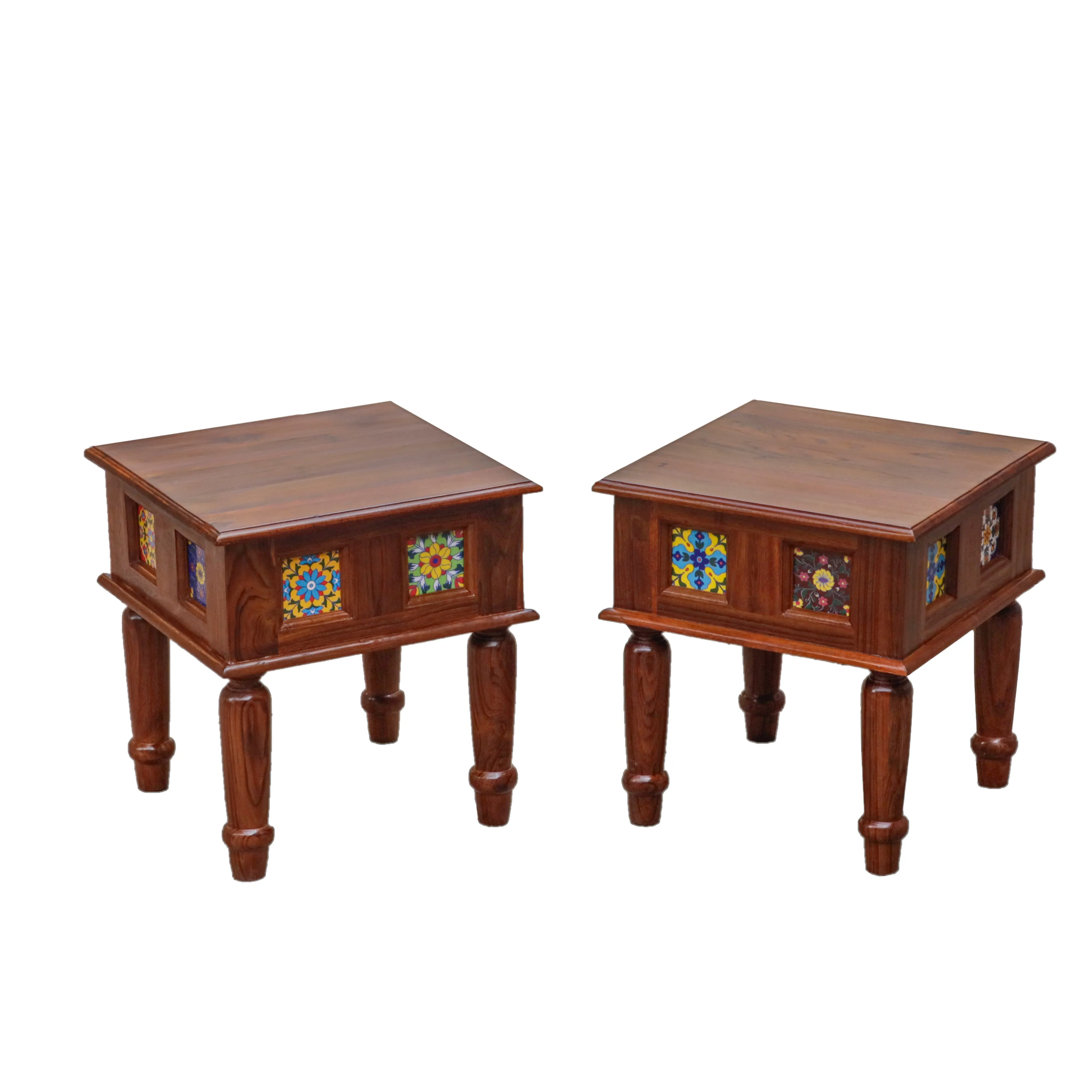 Aesthetic Round Leg Vintage Small Wooden Table with Tile (Set of 2)