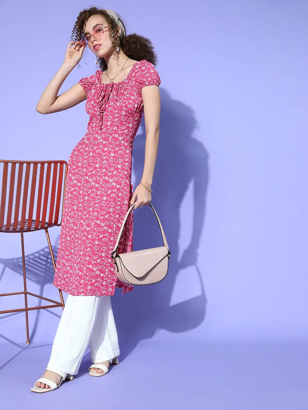 Berrylush Women Pink & White Floral Printed Tie-Up Neck Side Slited Calf Length Kurta