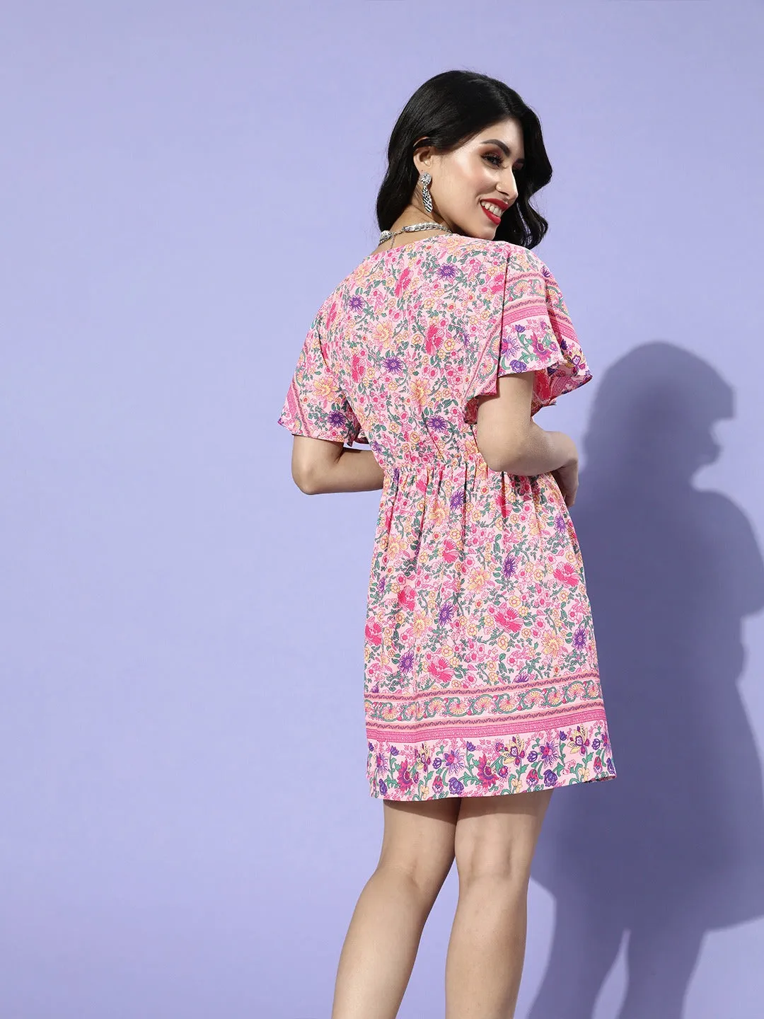 Berrylush Women Pink Floral Printed V-Neck Front Tie-Up Cutout Crepe Flared A-Line Mini Dress