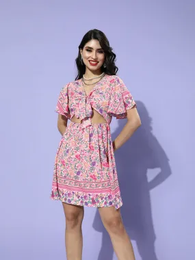 Berrylush Women Pink Floral Printed V-Neck Front Tie-Up Cutout Crepe Flared A-Line Mini Dress