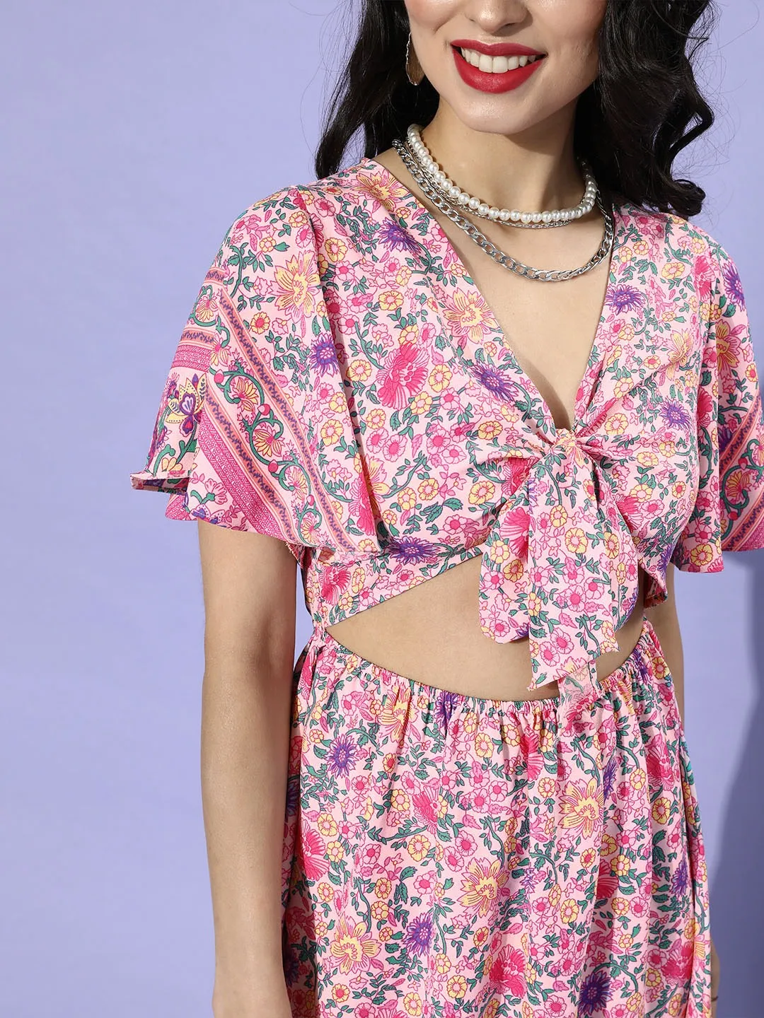 Berrylush Women Pink Floral Printed V-Neck Front Tie-Up Cutout Crepe Flared A-Line Mini Dress
