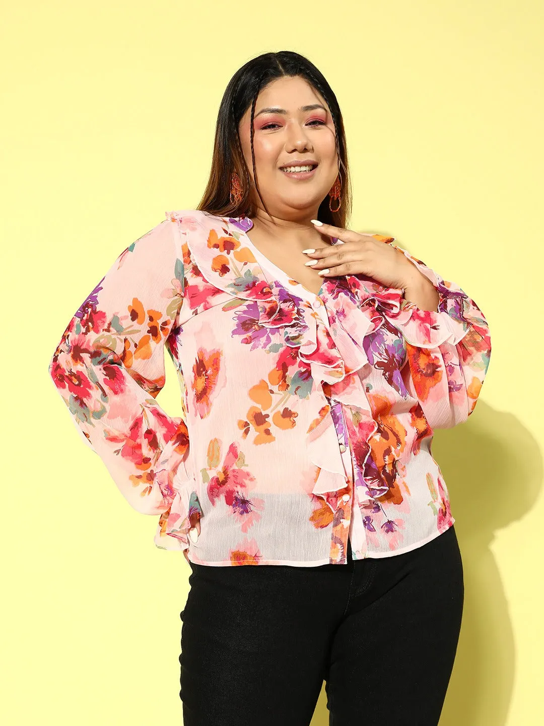 Berrylush Women Plus Size Pink Floral Printed V-Neck Button-Up Chiffon Ruffled Regular Top