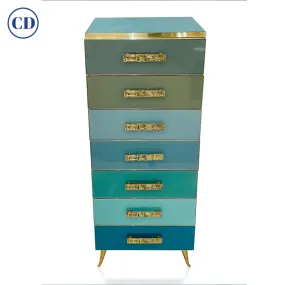 Bespoke Italian Art Deco Design Blue Taupe Gray Glass 7-Drawer Dresser Semainier