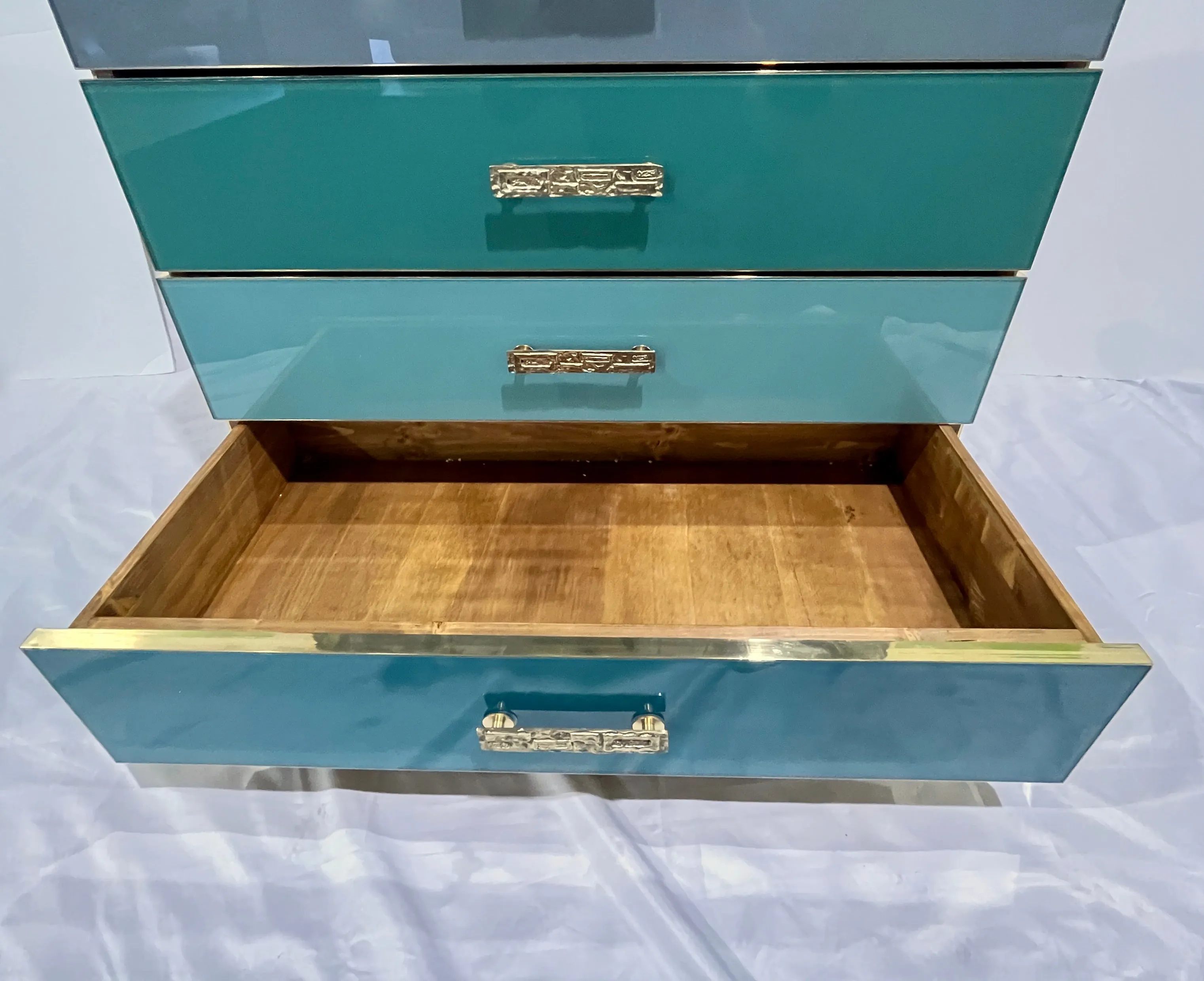 Bespoke Italian Post-Modern Blue Turquoise Gray Glass 6-Drawer Semainier Chest