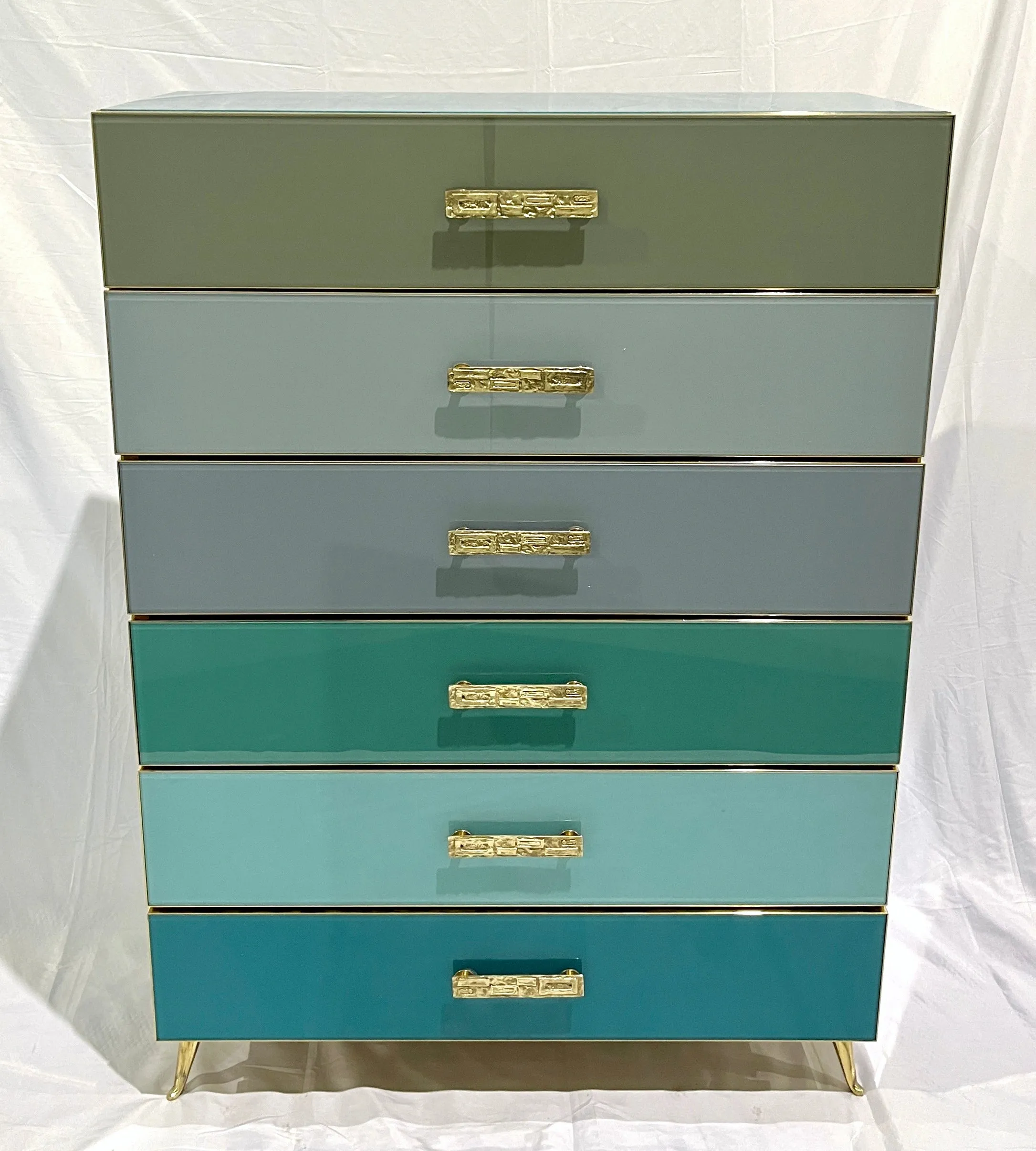 Bespoke Italian Post-Modern Blue Turquoise Gray Glass 6-Drawer Semainier Chest