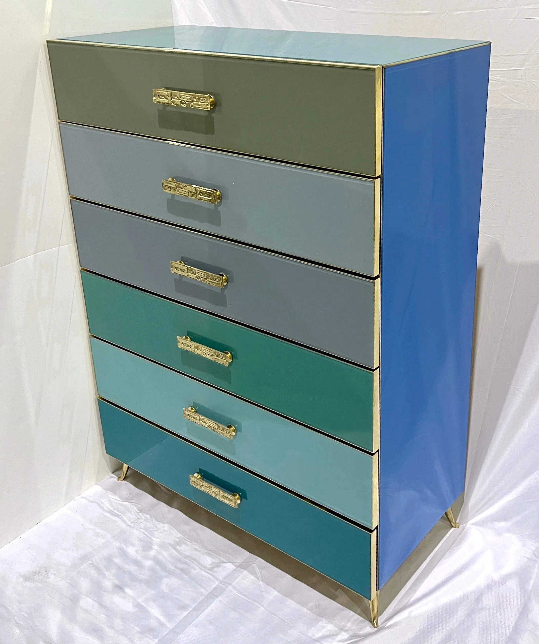 Bespoke Italian Post-Modern Blue Turquoise Gray Glass 6-Drawer Semainier Chest