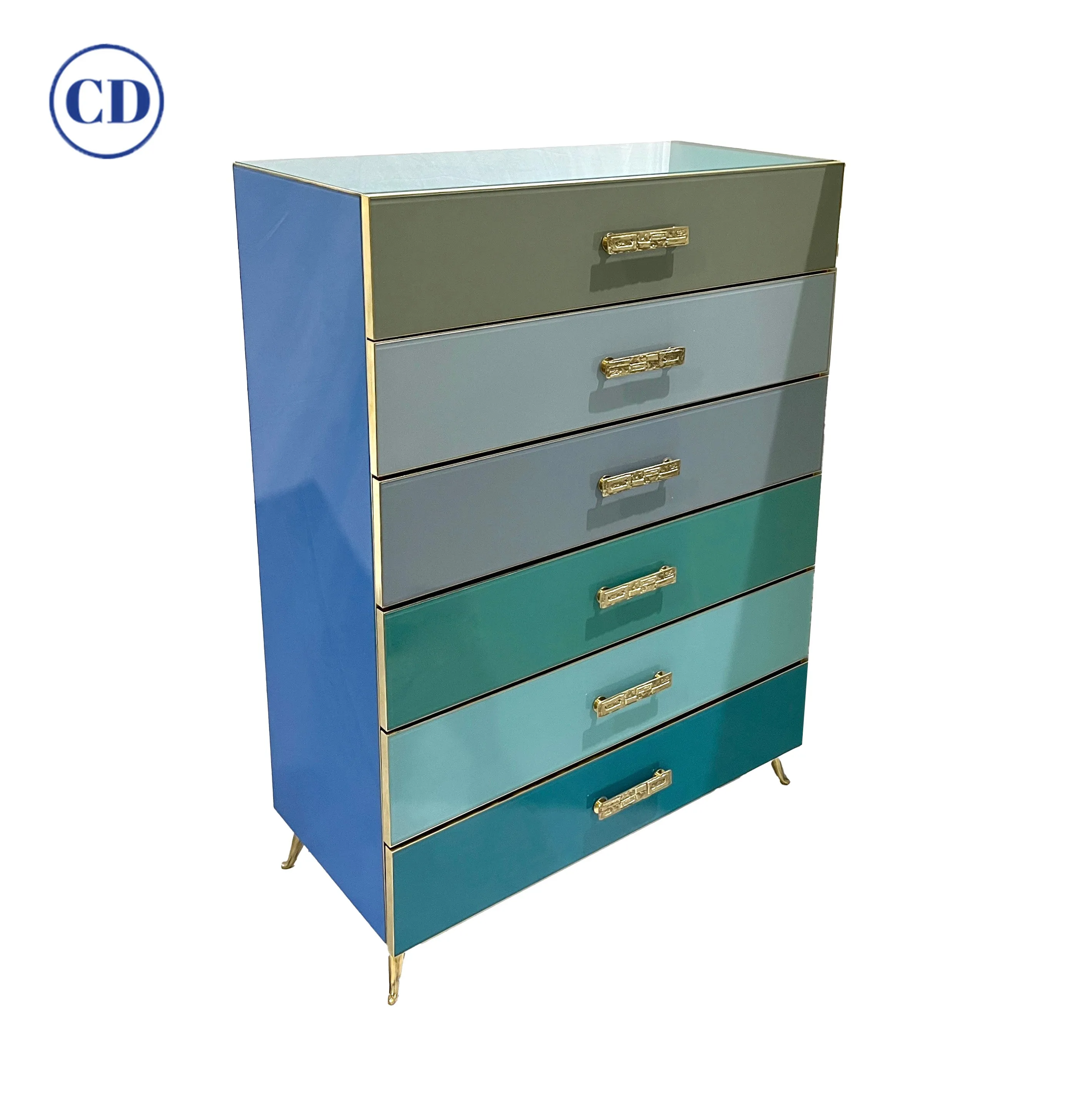 Bespoke Italian Post-Modern Blue Turquoise Gray Glass 6-Drawer Semainier Chest