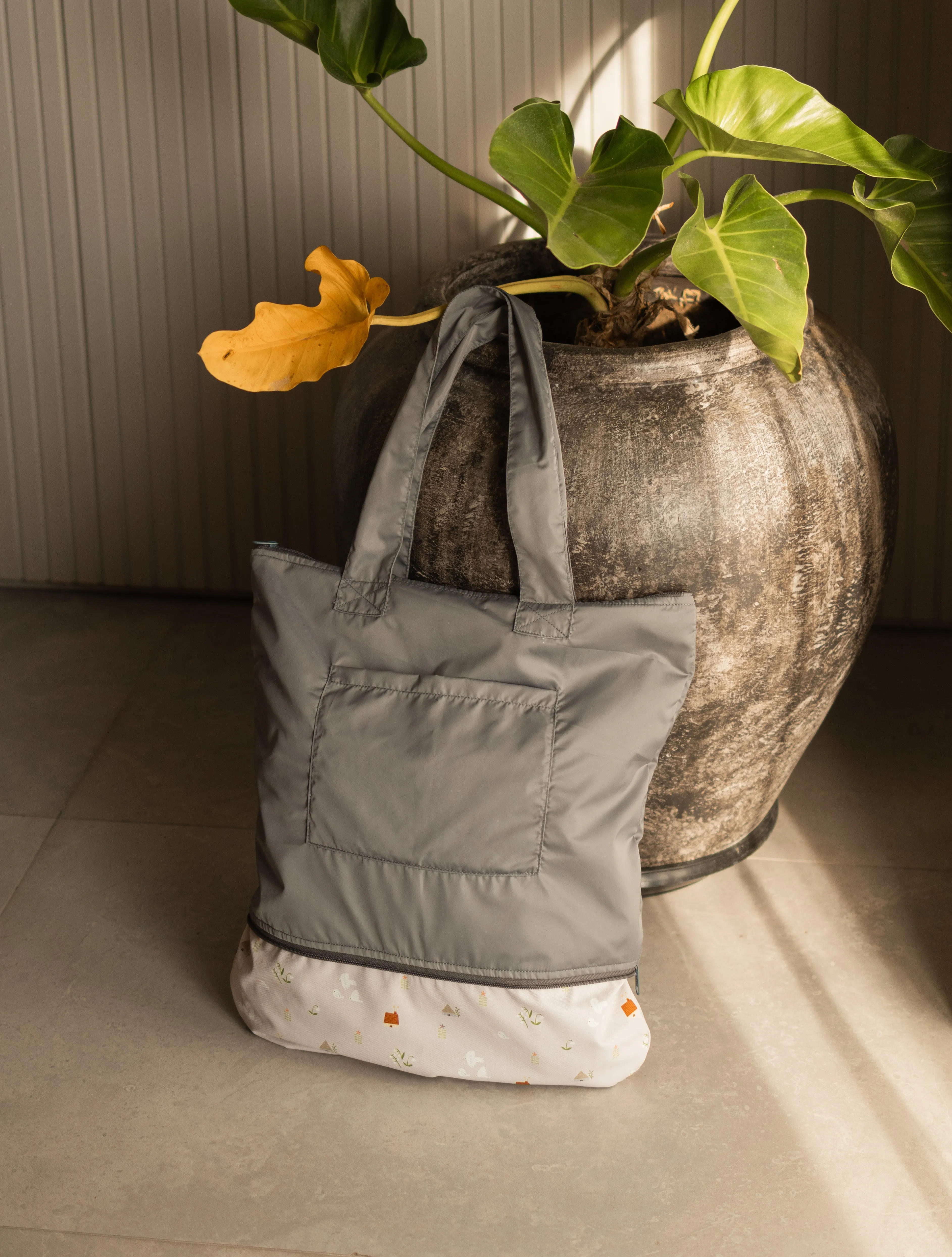 Birds and Lilies Grey CarryAll Expandable Washable Tote Bag 2.0