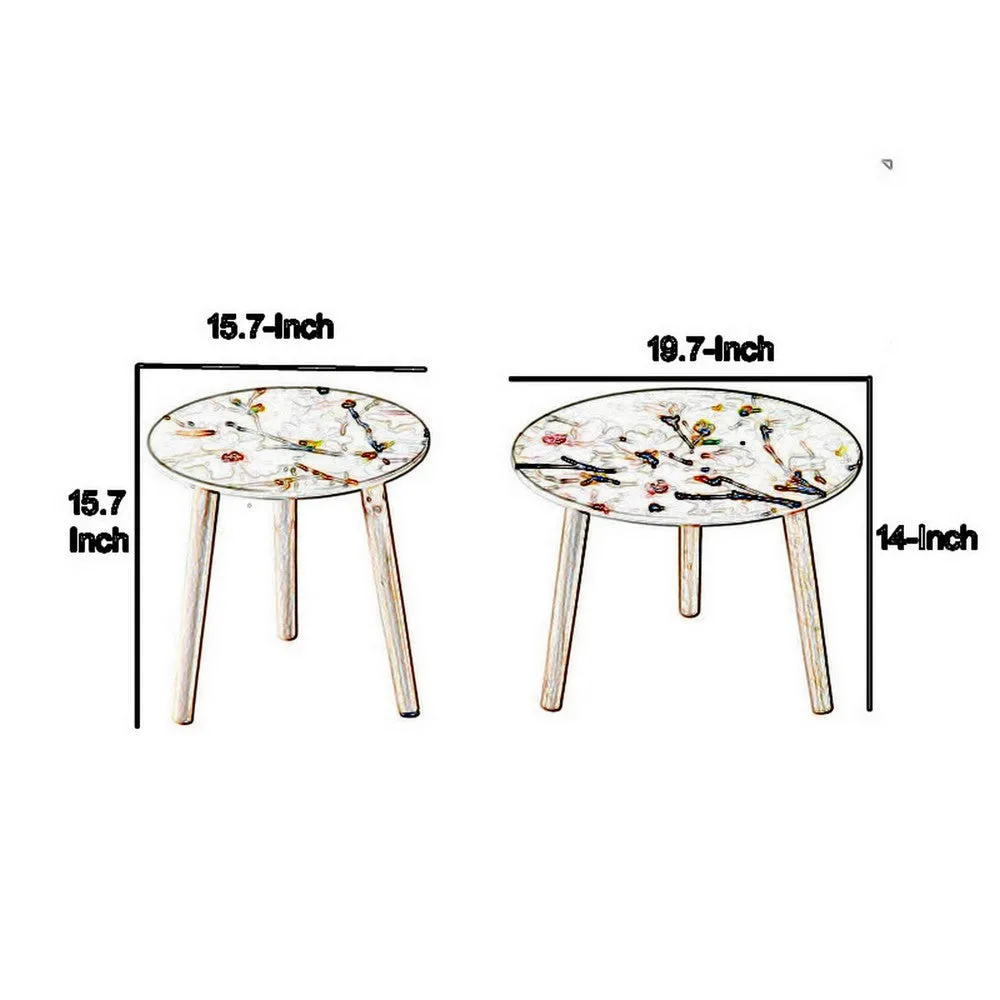 Byle 16, 20 Inch Side Table Set of 2, Floral Design, Pink and White By Casagear Home