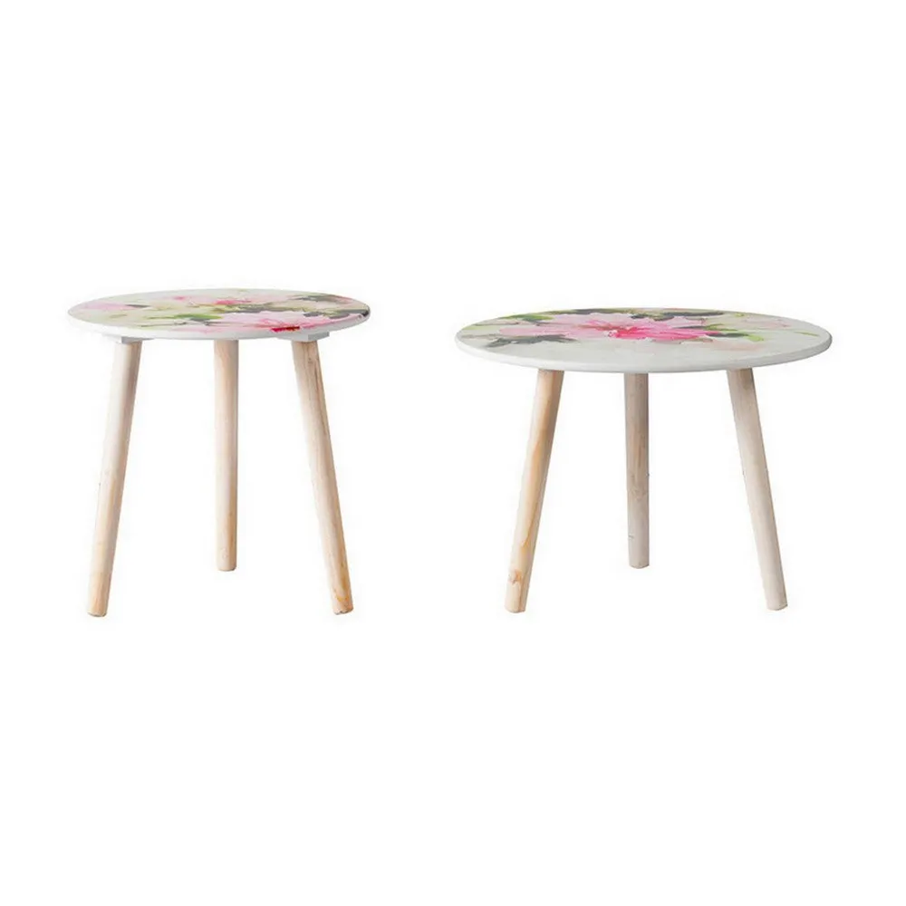 Byle 16, 20 Inch Side Table Set of 2, Floral Design, Pink and White By Casagear Home