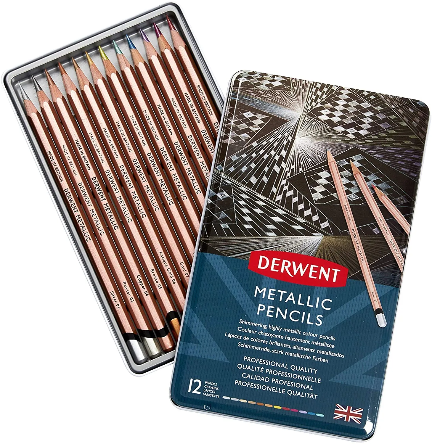 Derwent Colored Pencils, Drawing, Art, Metal Tin, Metallic, 12 Count
