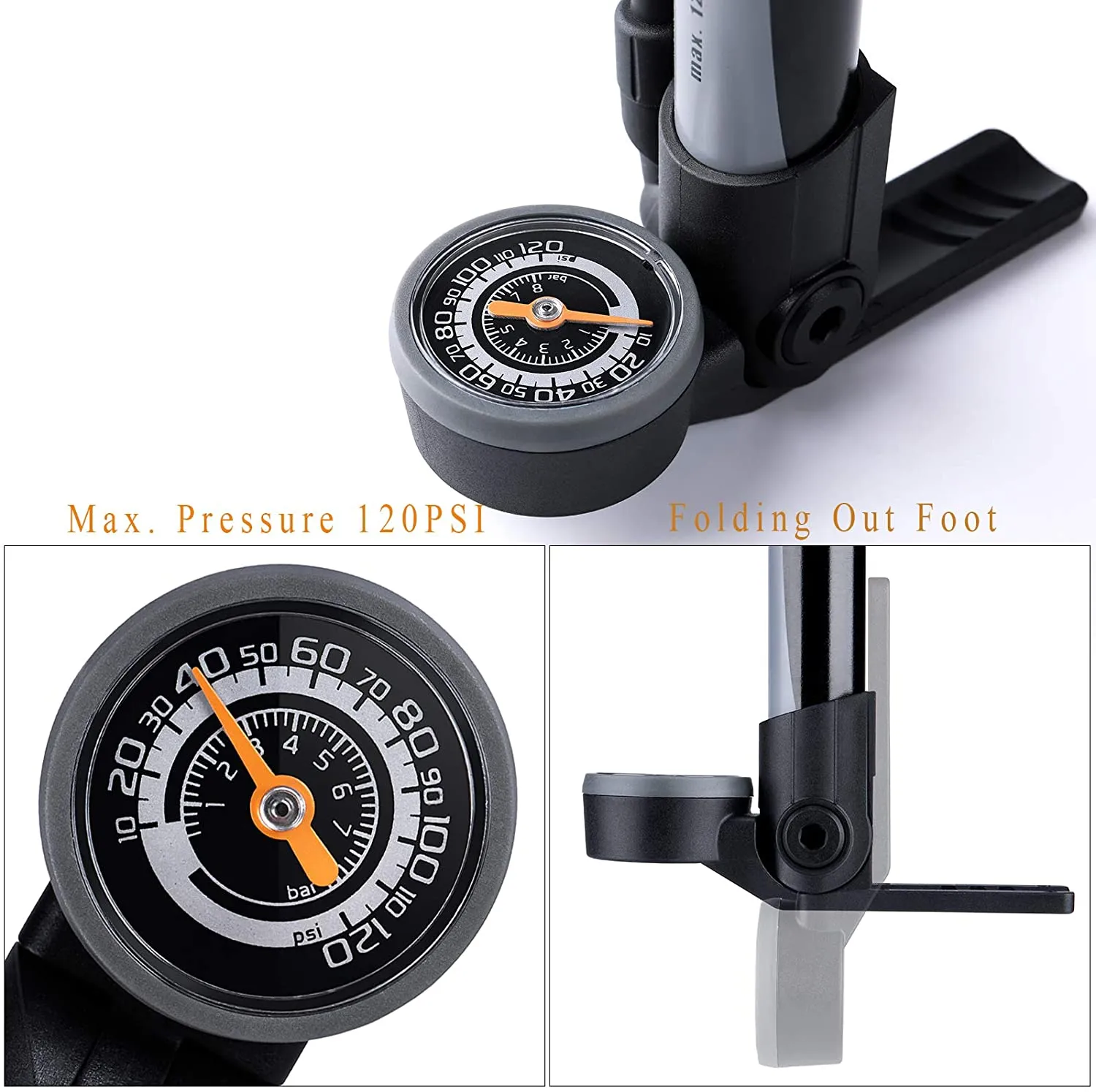 GIYO Bike Pump with Pressure Gauge - Mini Portable Bicycle Tire Pump - 120 PSI Bike Air Pump fits Presta & Schrader & Dunlop Valve - Road MT