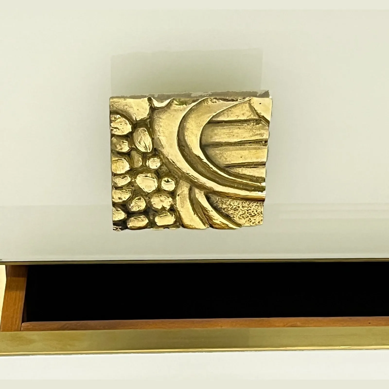 Italian Art Deco Design Modern Cream White Glass 2-Drawer Brass Nightstand/Chest