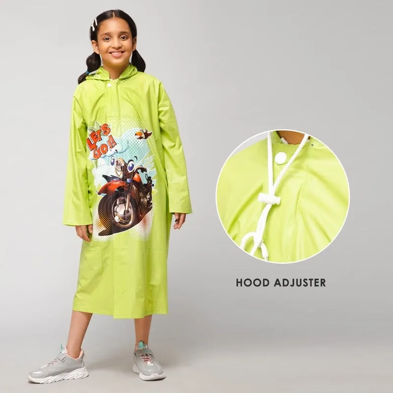 Kids Waterproof Longcoat with Adjustable Hood | Extra Space for Backpack | Age 3-4 | Cartoon Caper Lime