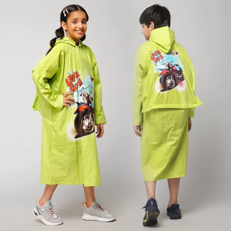 Kids Waterproof Longcoat with Adjustable Hood | Extra Space for Backpack | Age 3-4 | Cartoon Caper Lime