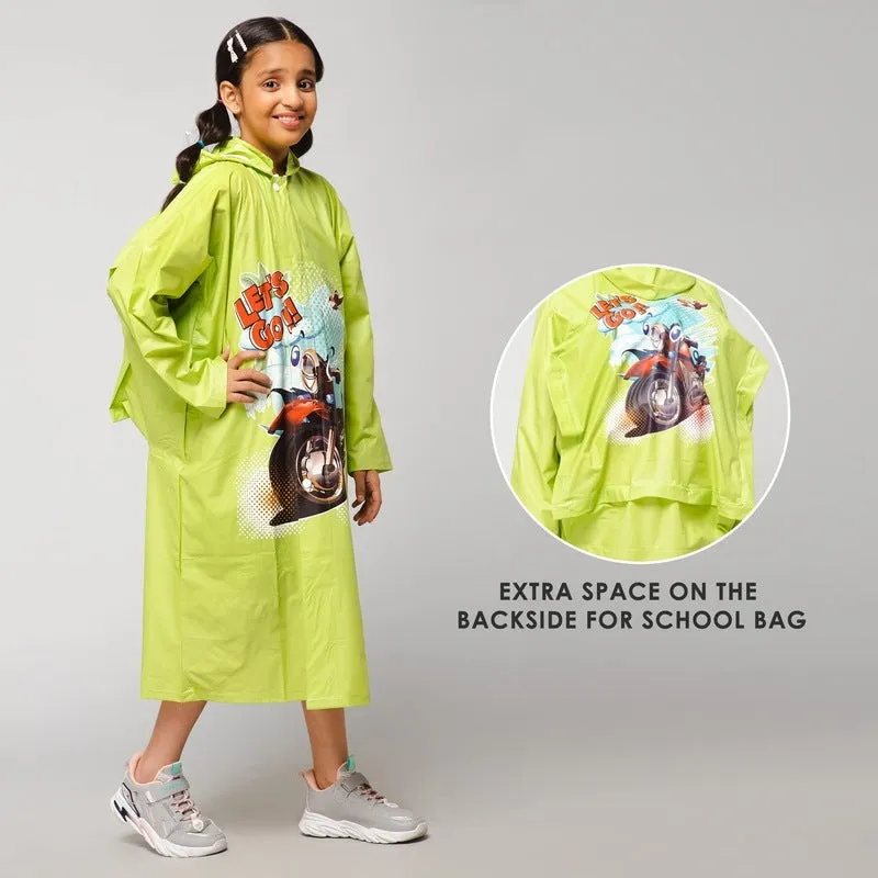 Kids Waterproof Longcoat with Adjustable Hood | Extra Space for Backpack | Age 3-4 | Cartoon Caper Lime