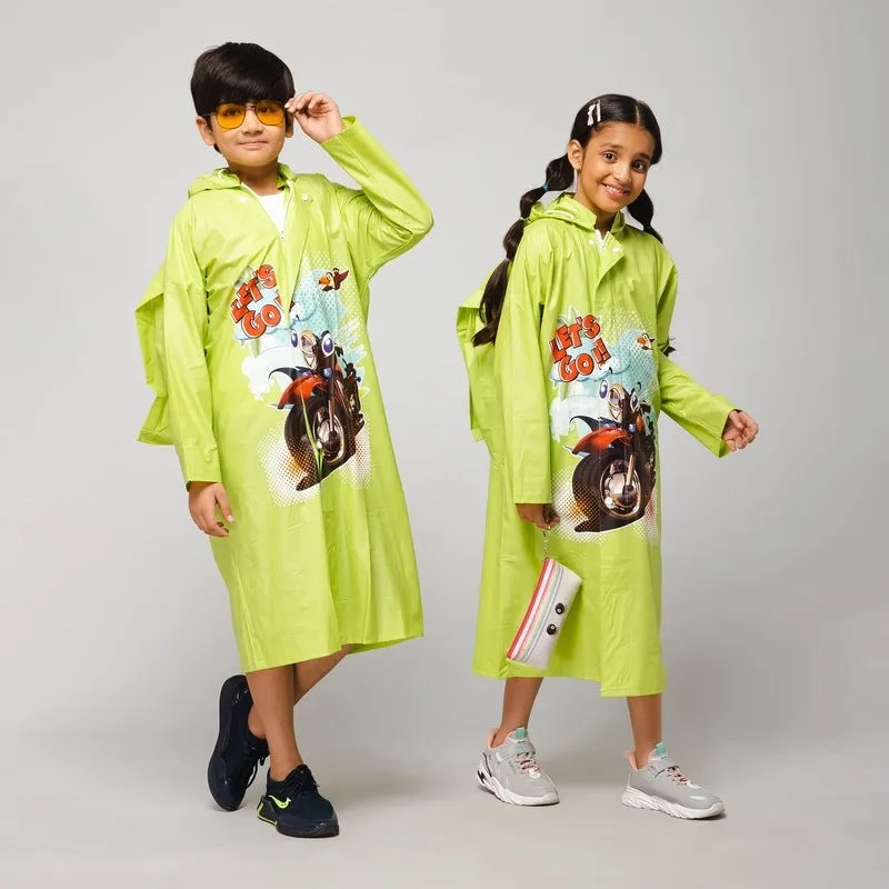Kids Waterproof Longcoat with Adjustable Hood | Extra Space for Backpack | Age 3-4 | Cartoon Caper Lime