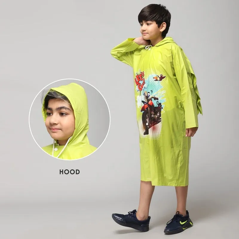 Kids Waterproof Longcoat with Adjustable Hood | Extra Space for Backpack | Age 3-4 | Cartoon Caper Lime