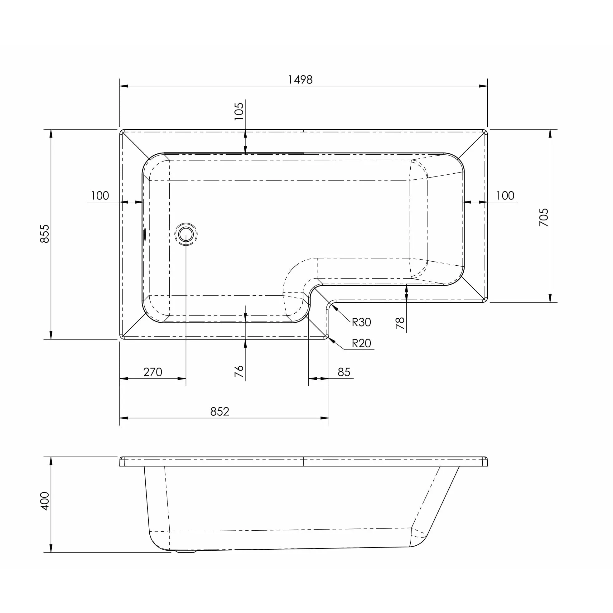 Left Hand Square Shower Bath - 1500mm