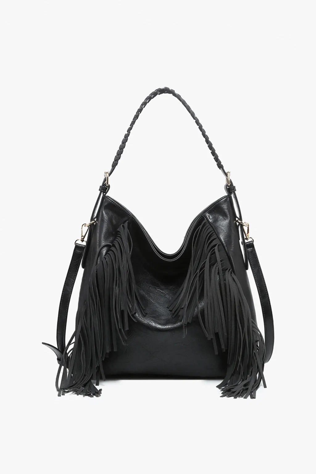 Sloane Black Faux Leather Fringe Hobo Bag