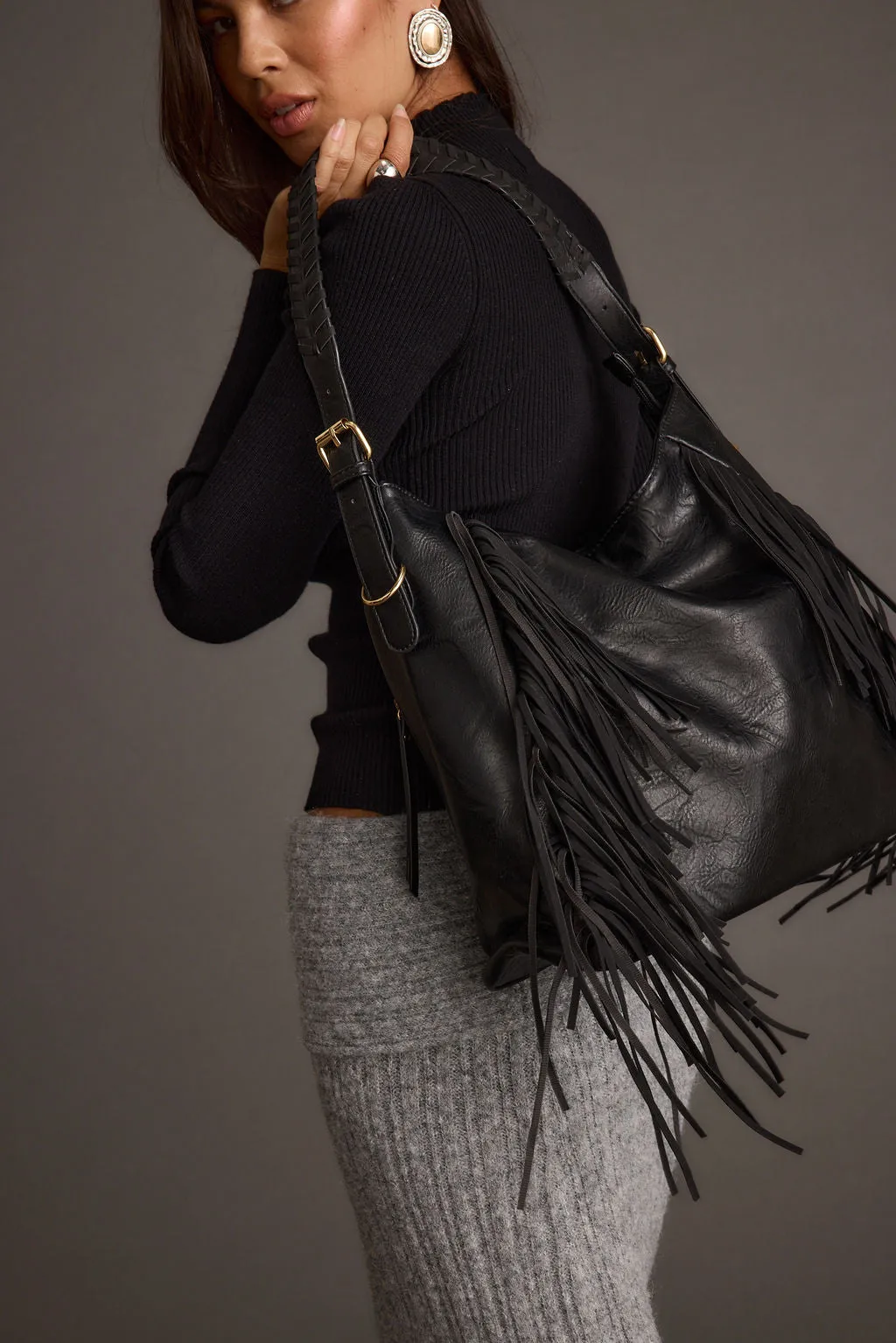 Sloane Black Faux Leather Fringe Hobo Bag