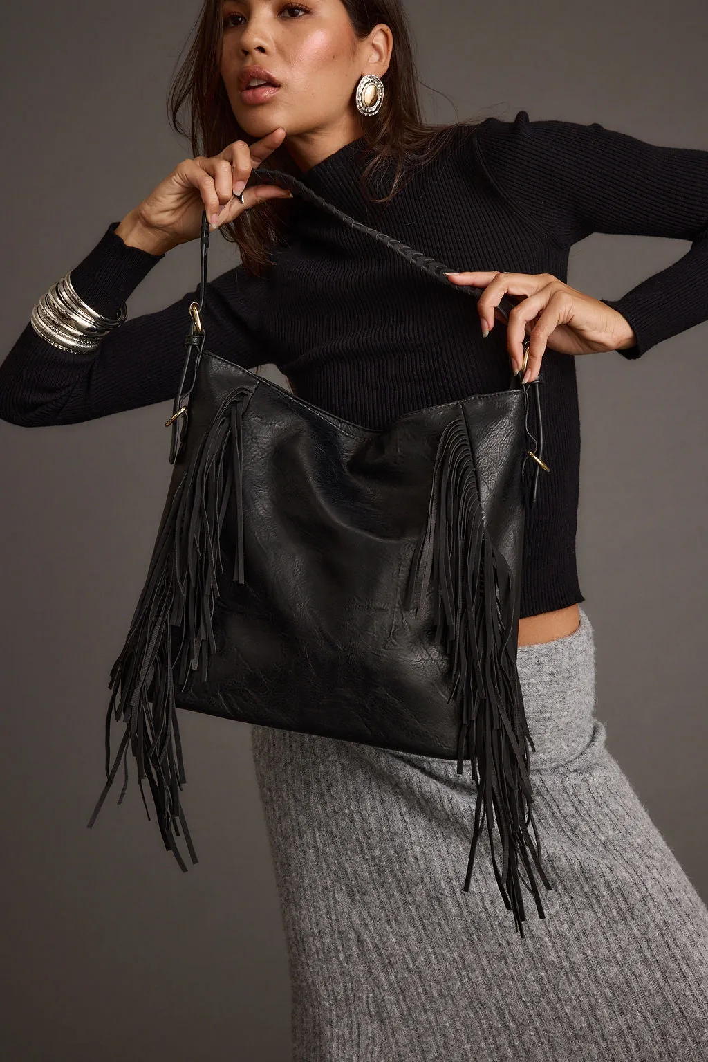 Sloane Black Faux Leather Fringe Hobo Bag