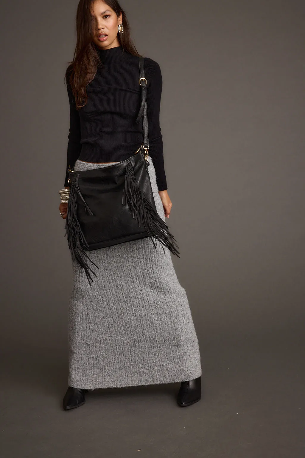 Sloane Black Faux Leather Fringe Hobo Bag