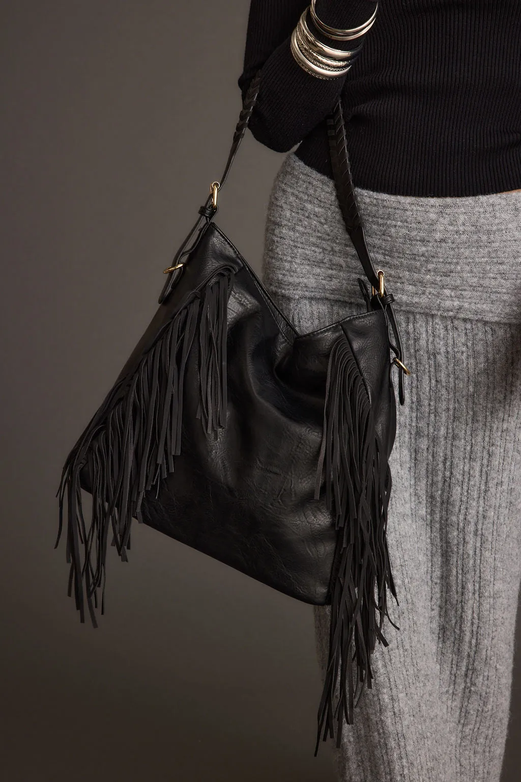 Sloane Black Faux Leather Fringe Hobo Bag