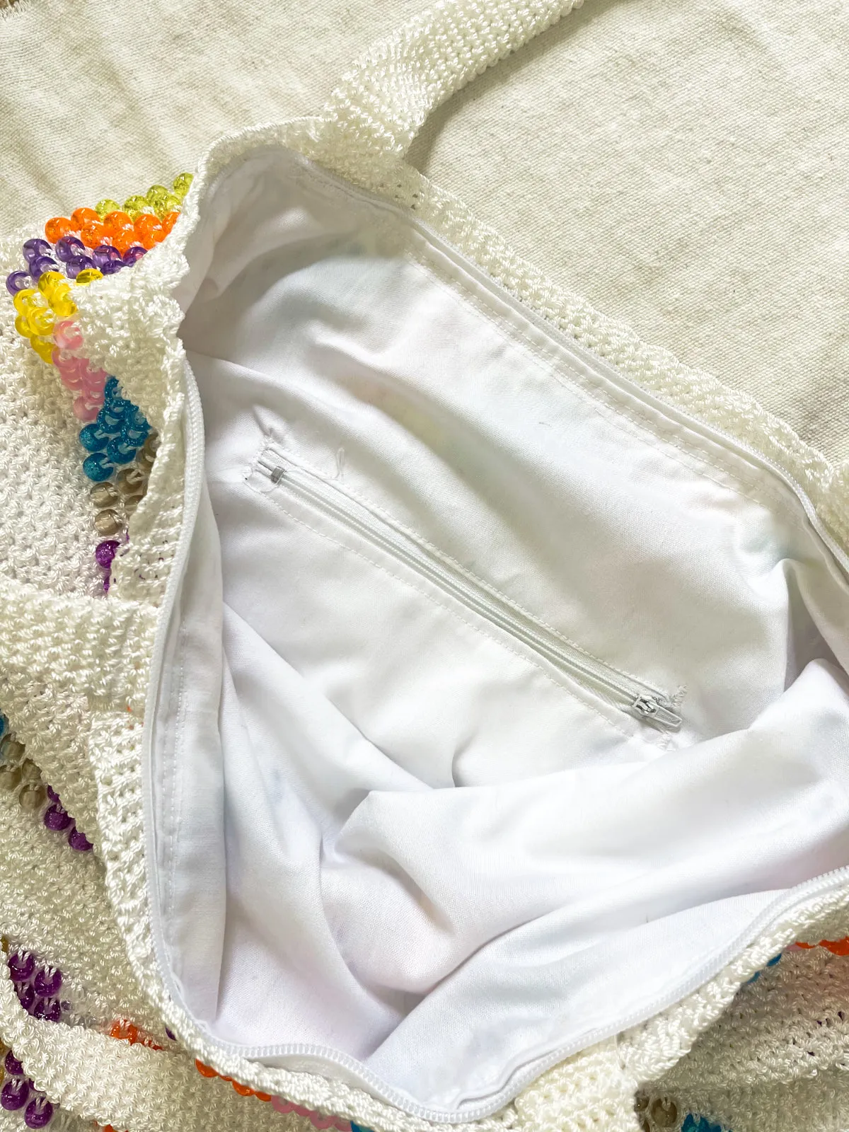 Vintage White Beaded Crochet Tote