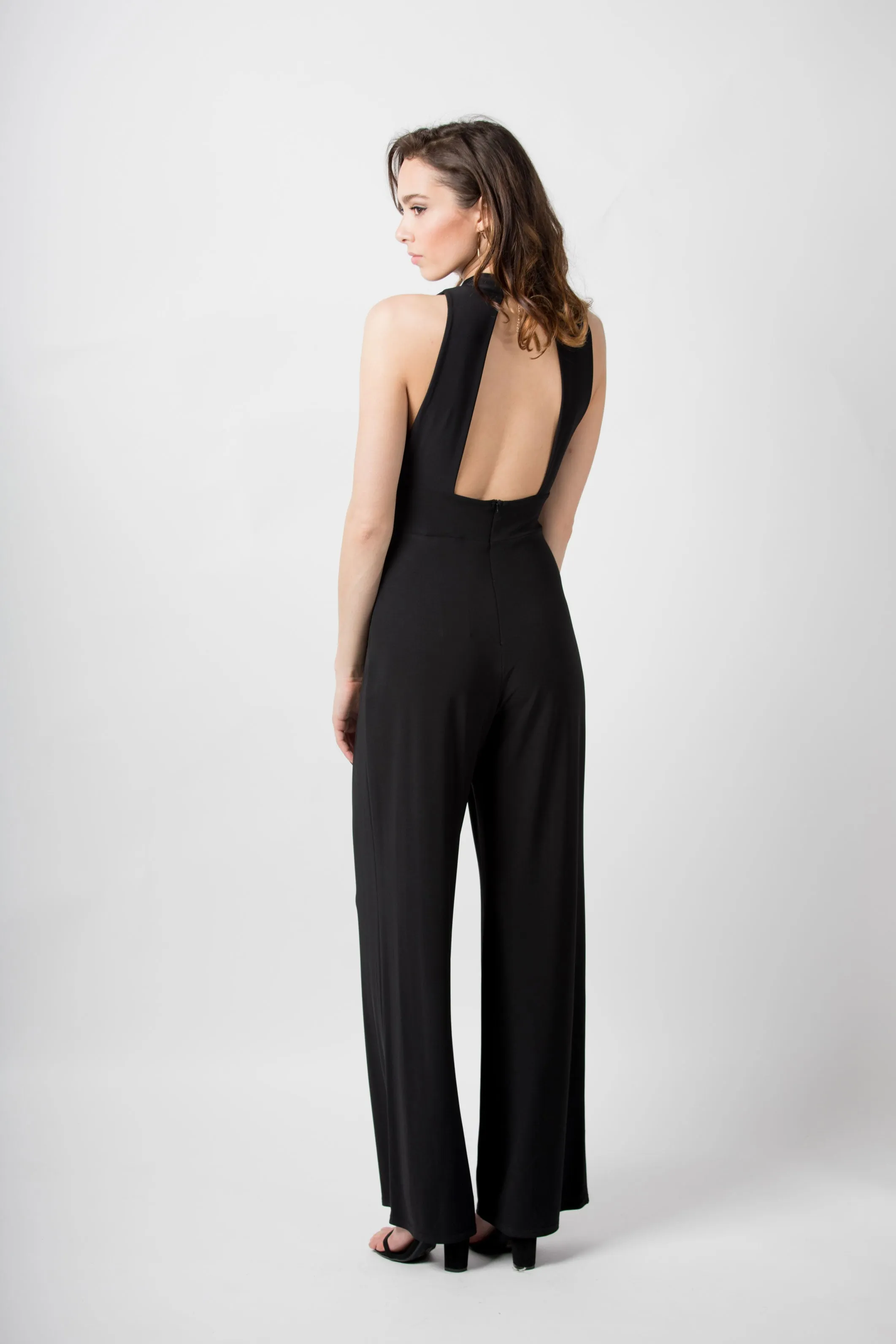 Wide Leg Keyhole Front Fleabag Jumpsuit in Black