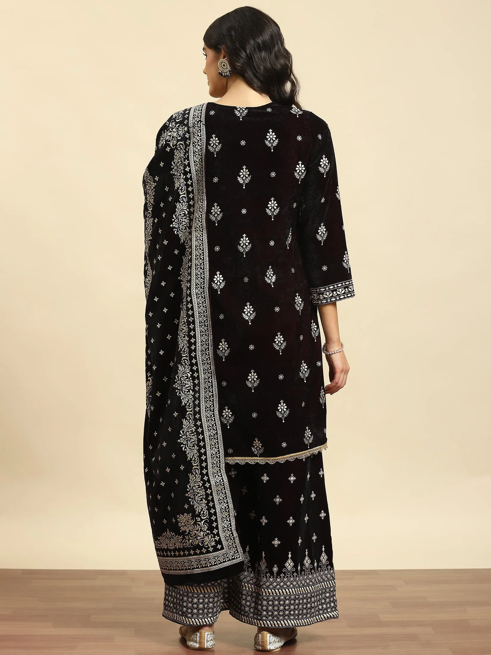 Women Burgundy Ornamental Print Kurta Wide Leg Pant Dupatta