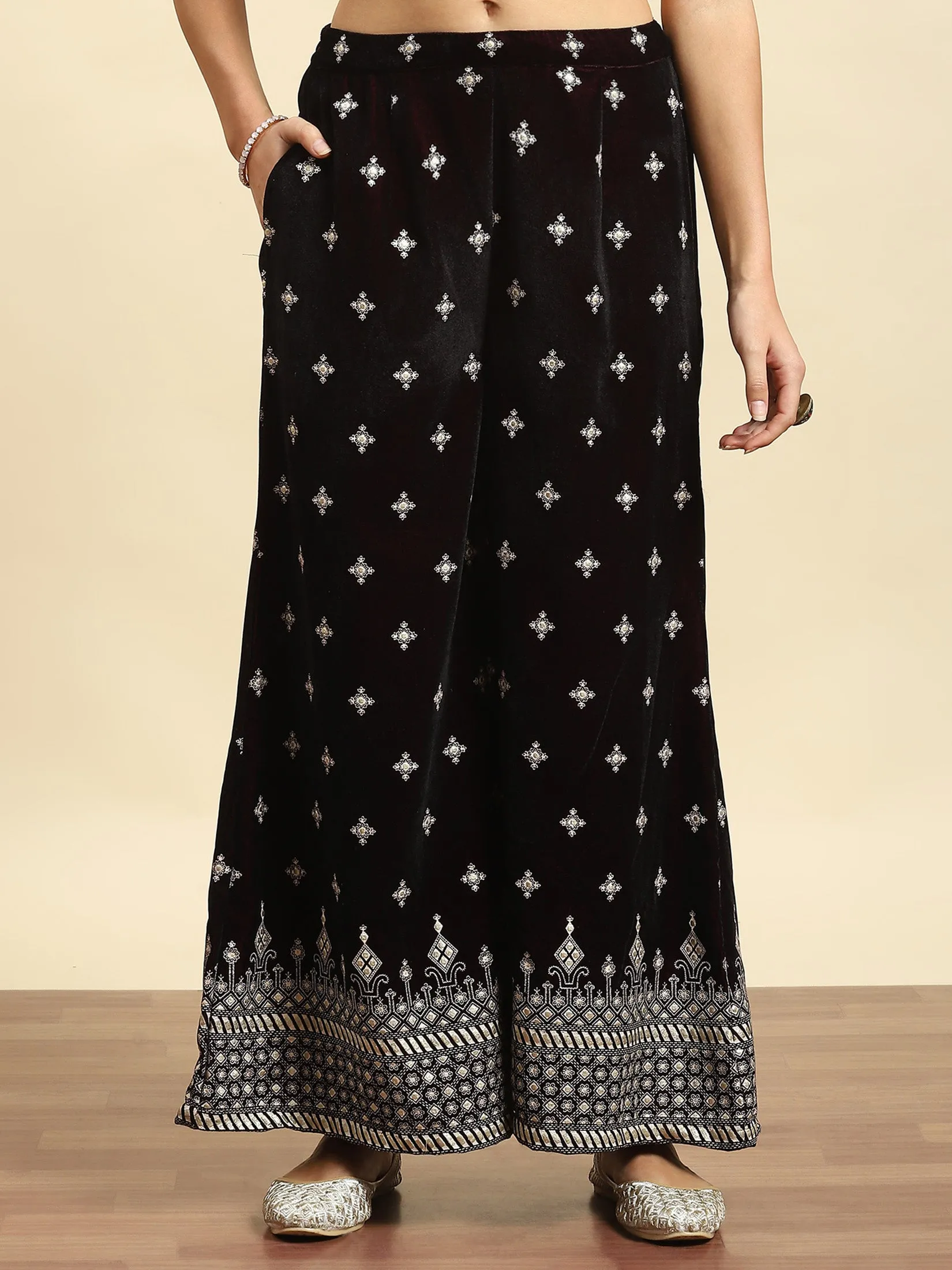 Women Burgundy Ornamental Print Kurta Wide Leg Pant Dupatta
