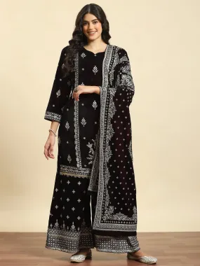 Women Burgundy Ornamental Print Kurta Wide Leg Pant Dupatta