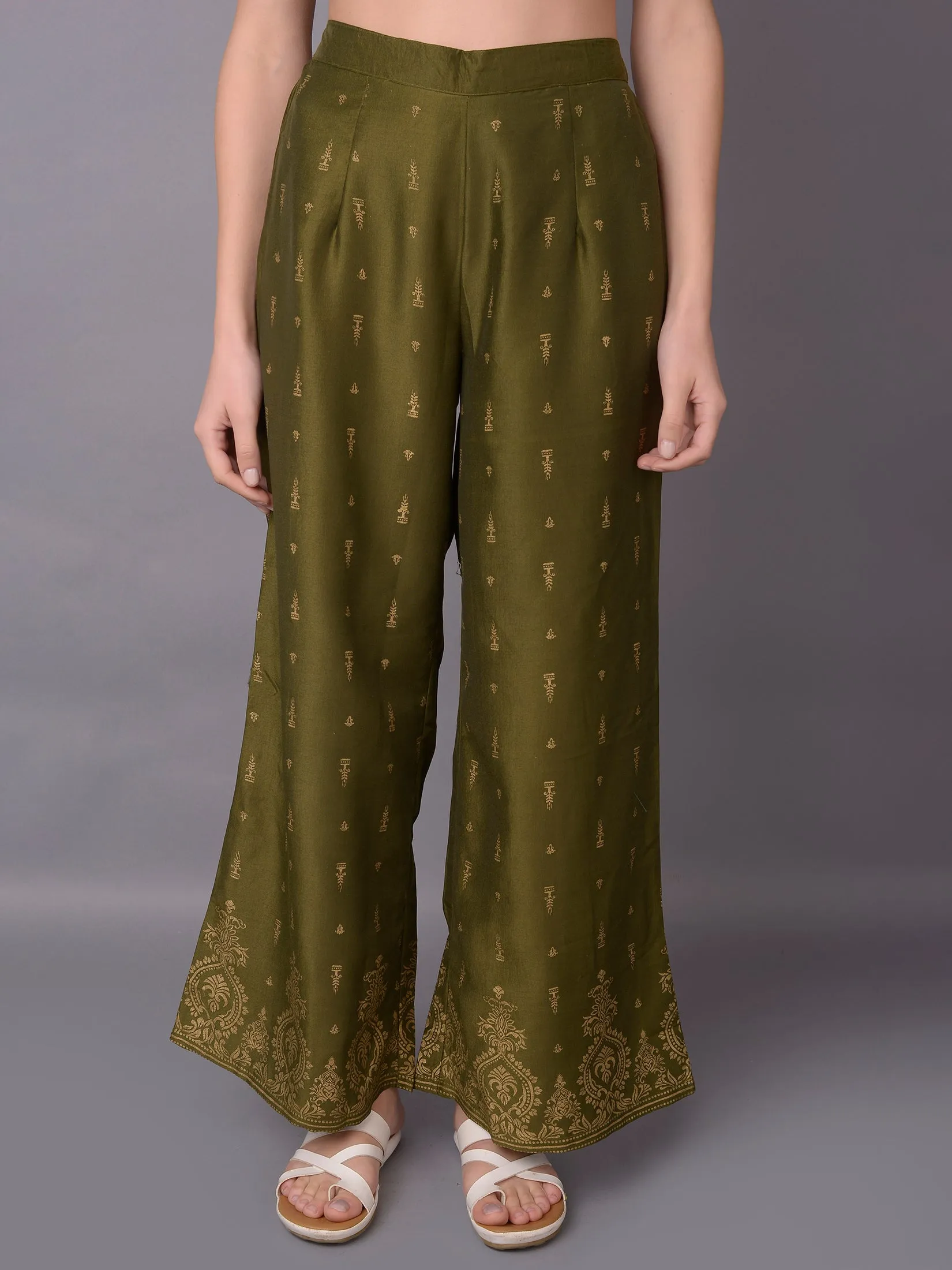 Women Olive Ornamental Printed Kurta With Wide Leg Pant