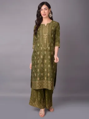 Women Olive Ornamental Printed Kurta With Wide Leg Pant