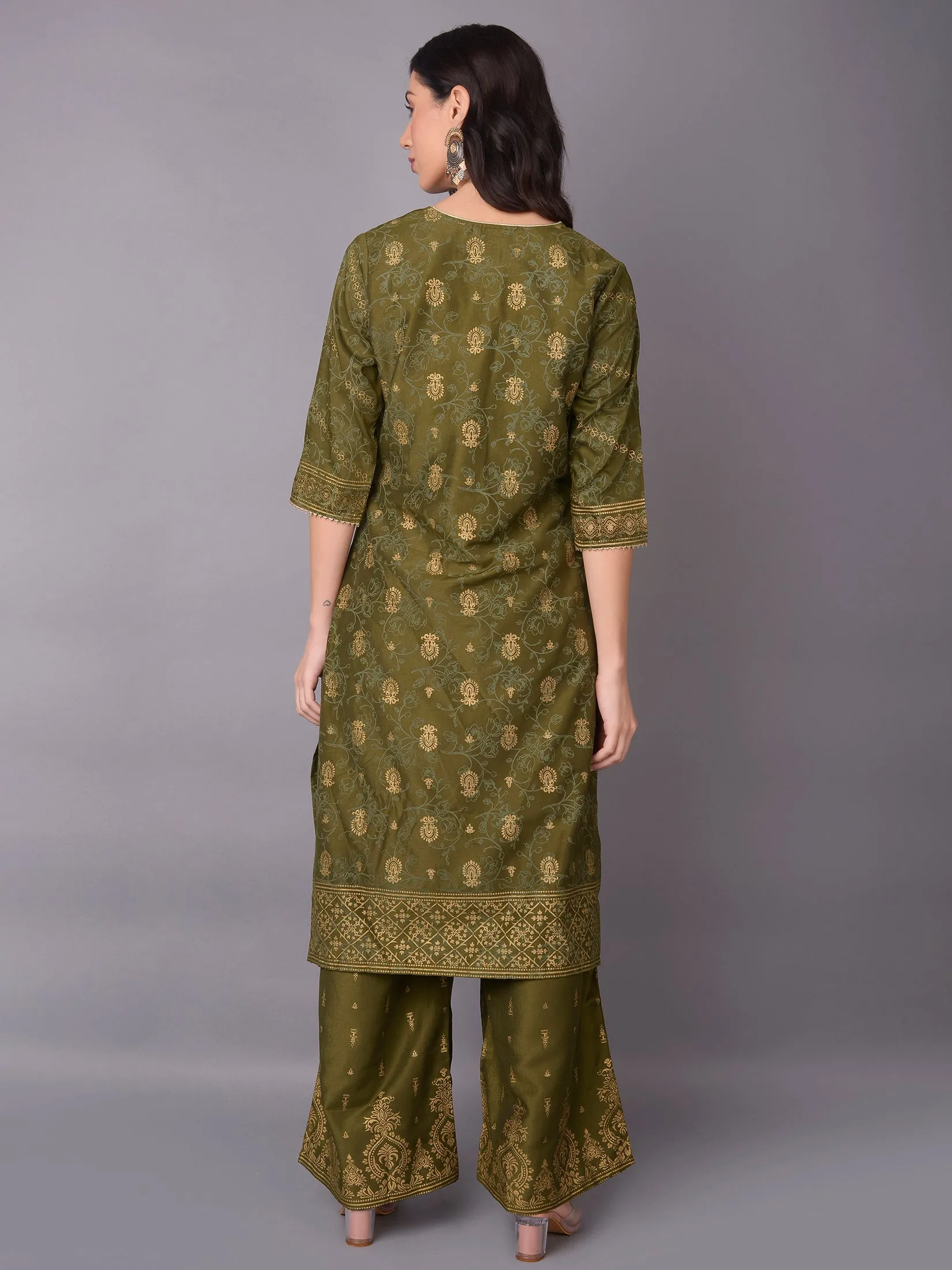 Women Olive Ornamental Printed Kurta With Wide Leg Pant