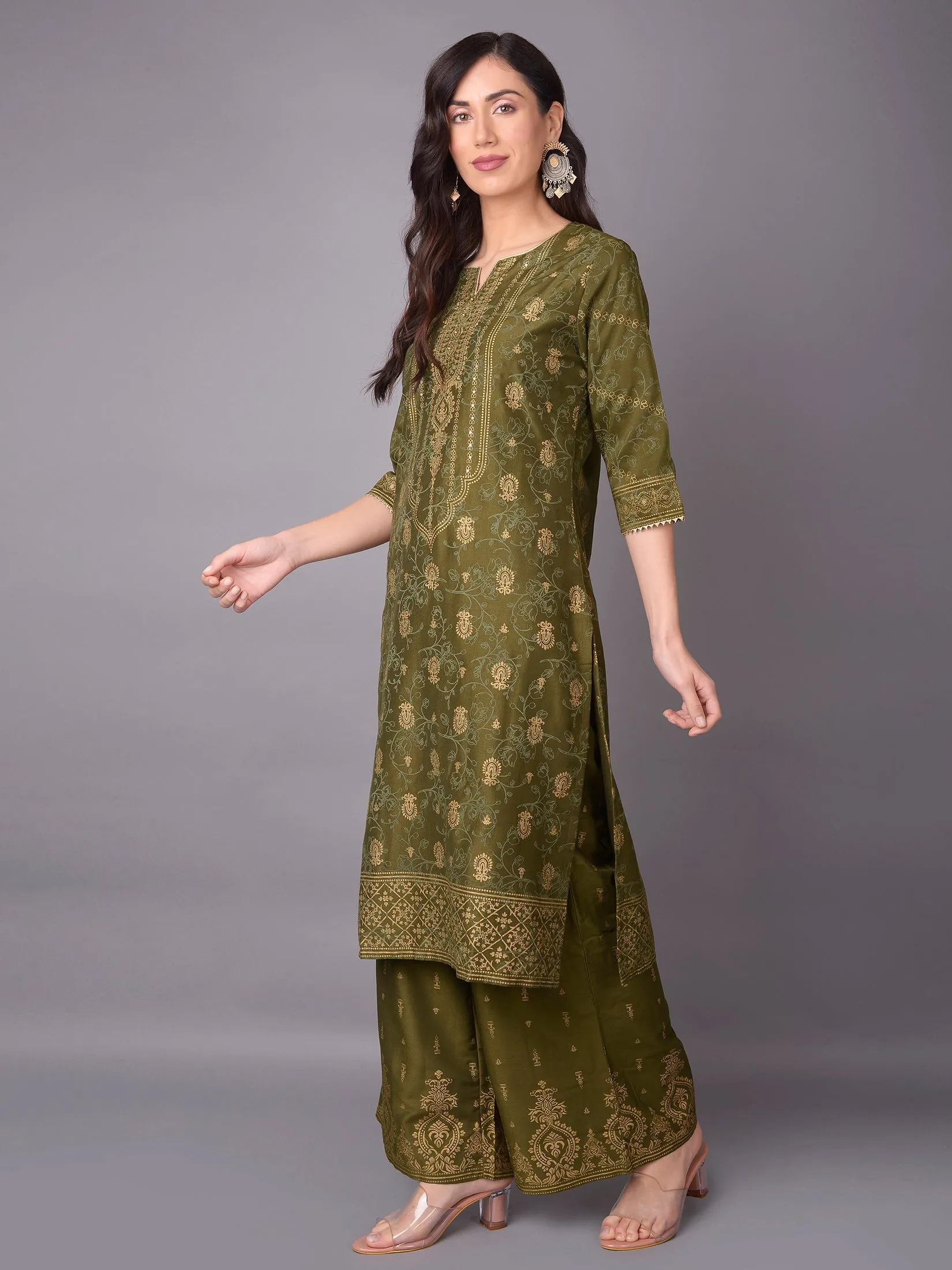 Women Olive Ornamental Printed Kurta With Wide Leg Pant