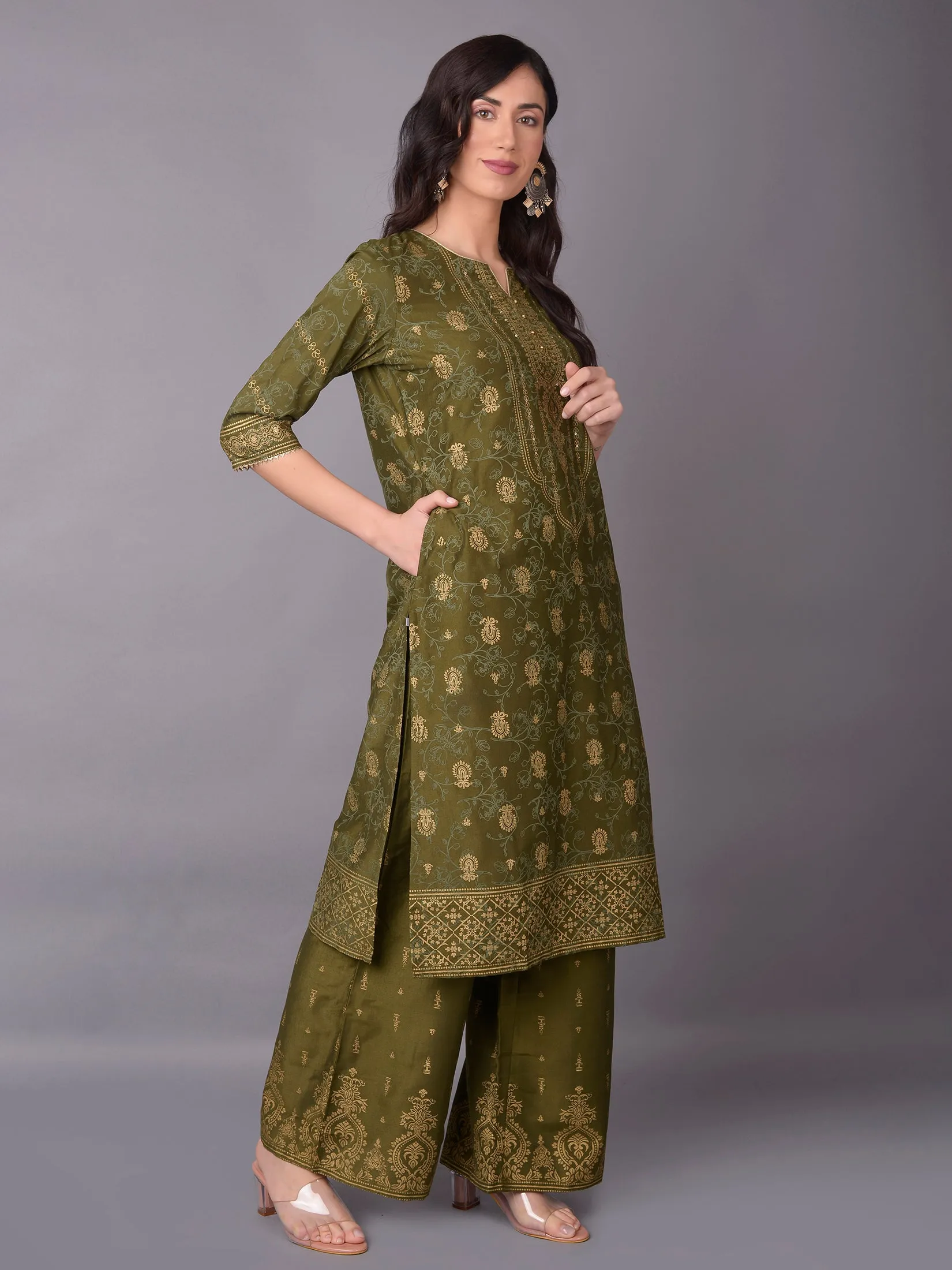 Women Olive Ornamental Printed Kurta With Wide Leg Pant