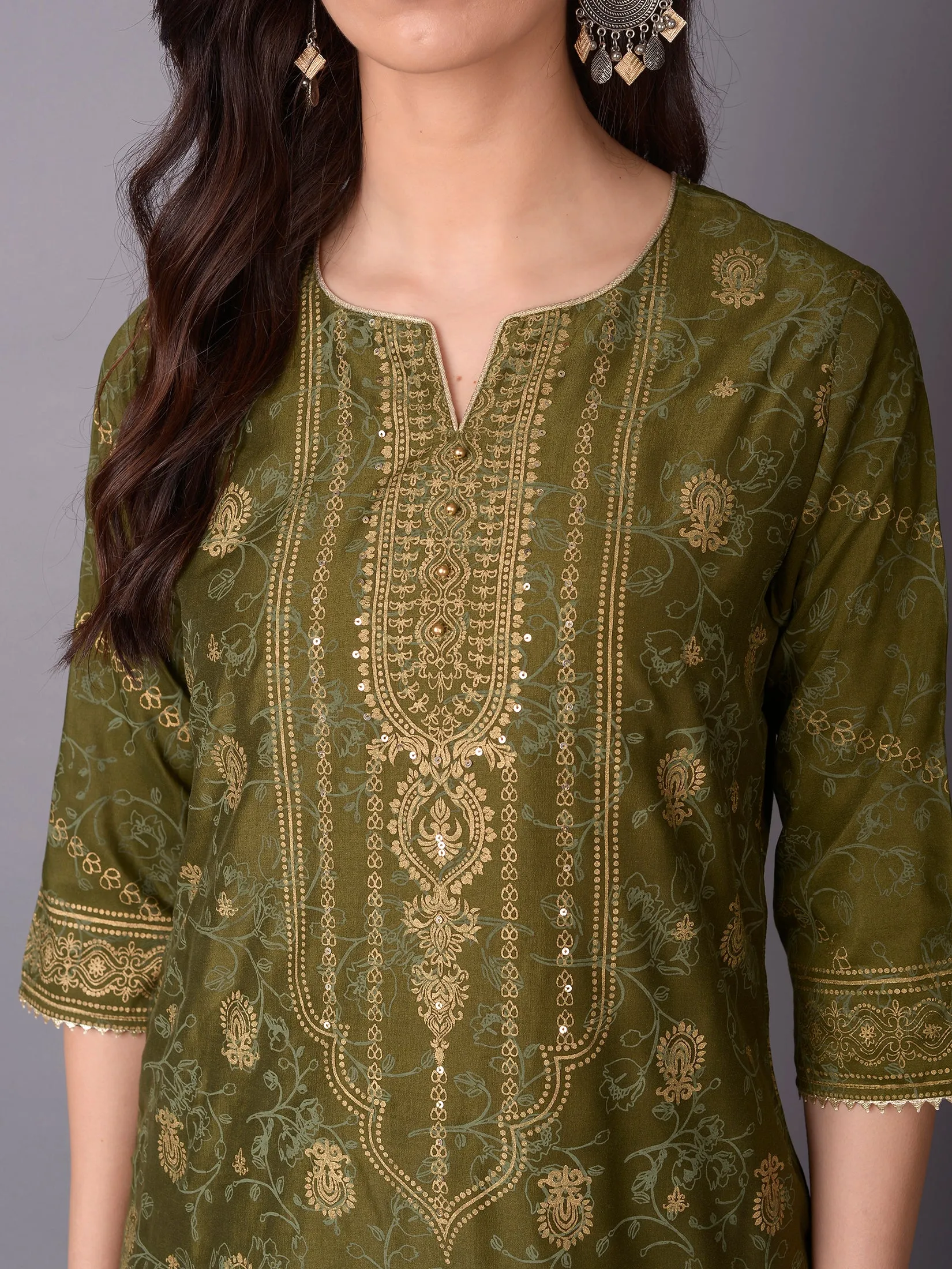 Women Olive Ornamental Printed Kurta With Wide Leg Pant