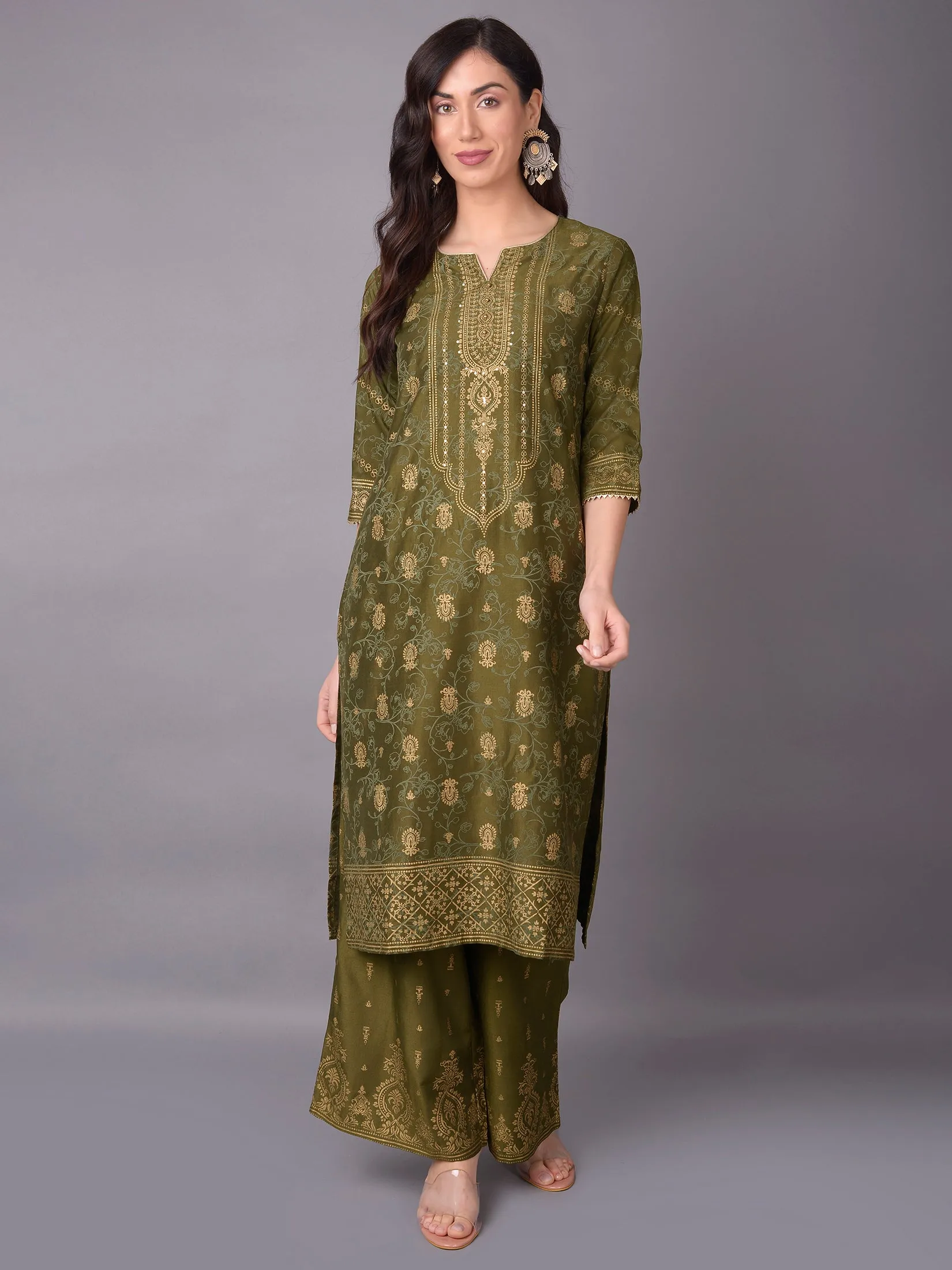 Women Olive Ornamental Printed Kurta With Wide Leg Pant