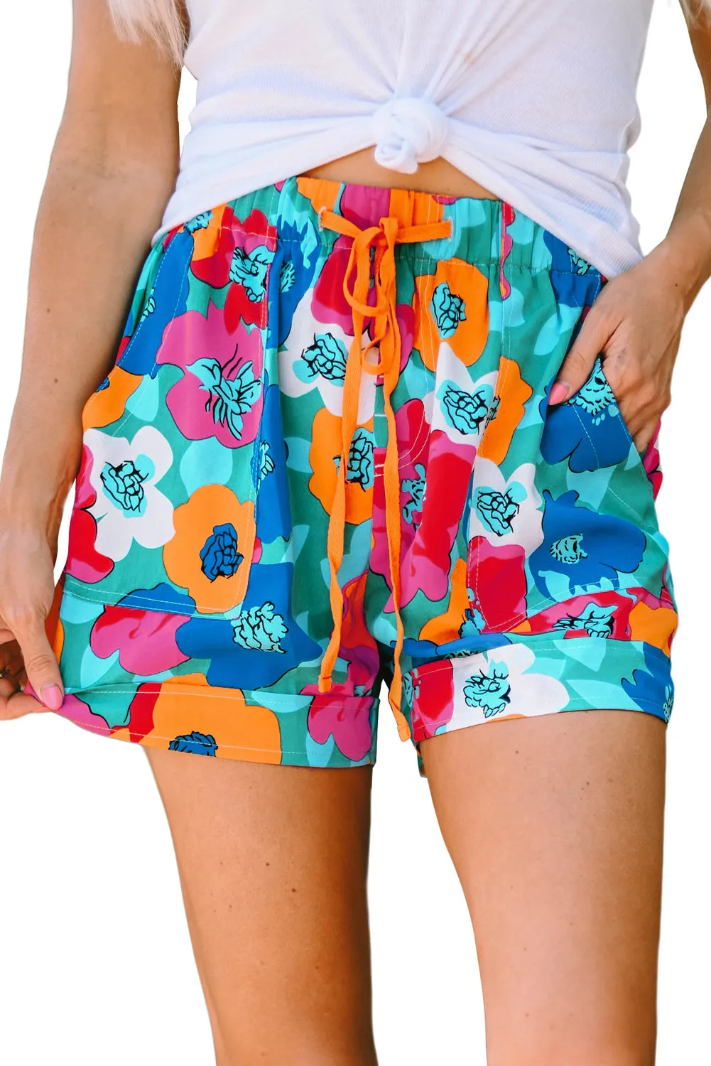 Women' s Floral Print Drawstring Elastic Waist Casual Shorts