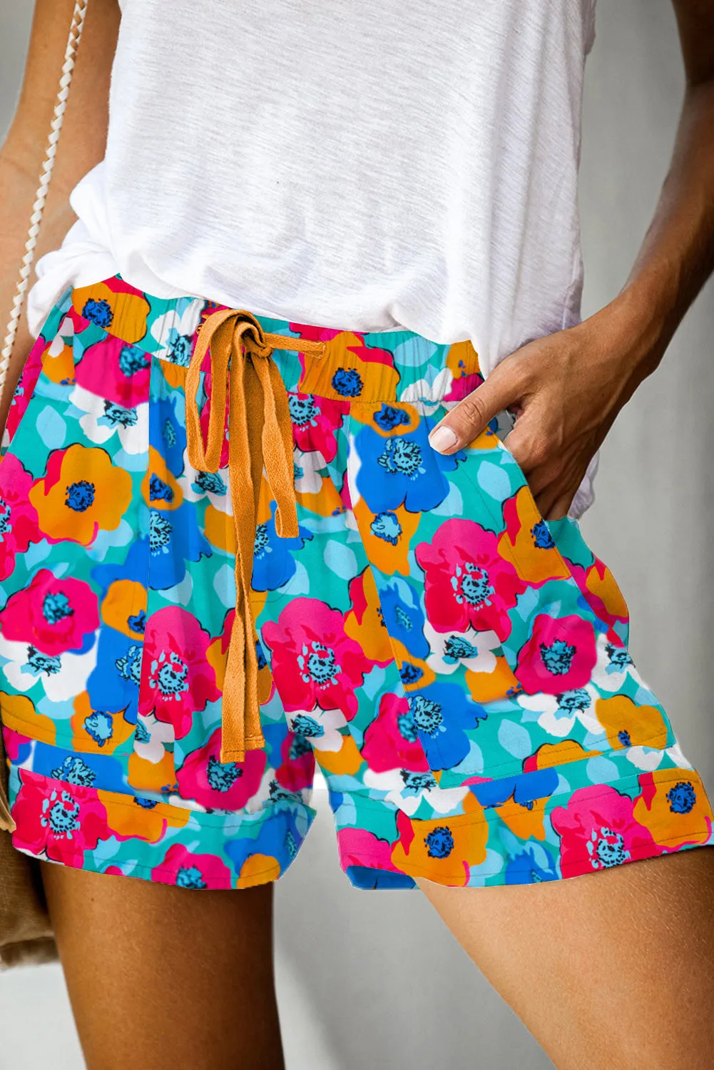 Women' s Floral Print Drawstring Elastic Waist Casual Shorts