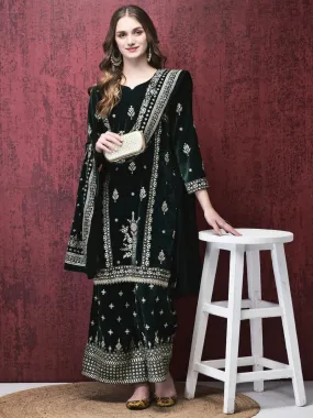 Women Velvet Green Ornamental Print Kurta Wide Leg Pant Dupatta