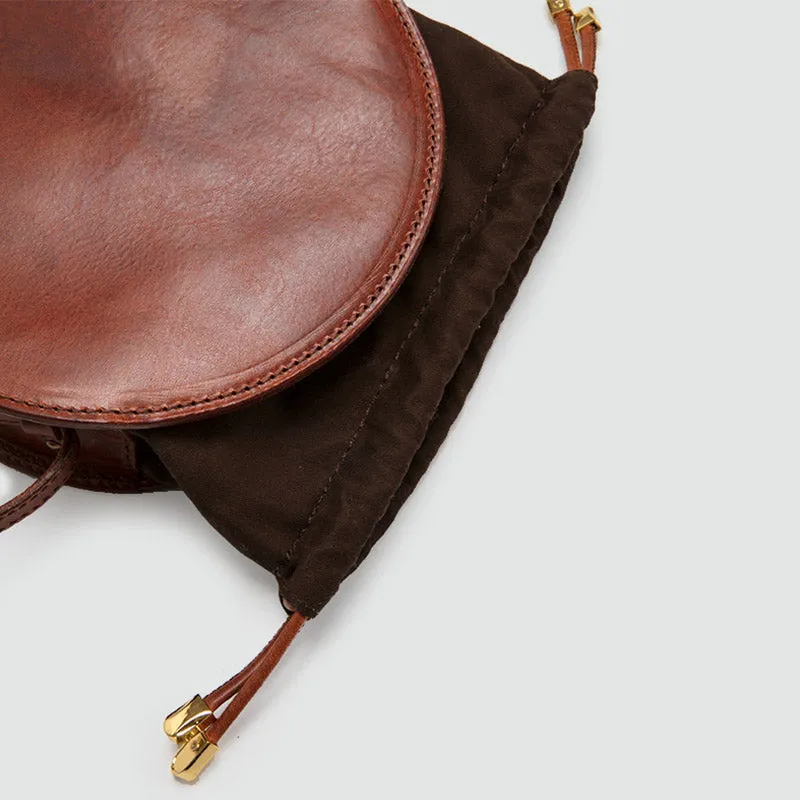Womens Round Tan Leather Crossbody Bag Circle Bag Purse Shoulder Bag